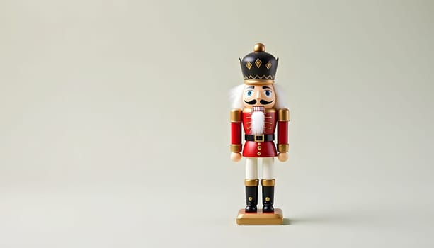 A traditional Christmas nutcracker soldier figurine, isolated on a simple background, showcasing its bright colors and classic design. Ideal for holiday themes and traditional Christmas decor