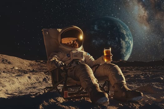 A man in a spacesuit is sitting on the moon and holding a beer. The image has a playful and lighthearted mood, as it is not a realistic depiction of a person on the moon
