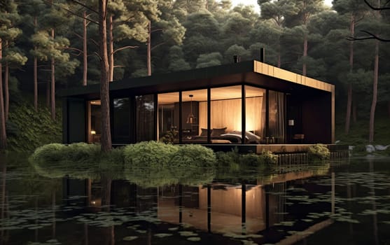 Beautiful modern modular home with wild nature in the background. Modern architecture.