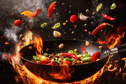 A pan of food is cooking on a stove with a lot of smoke and food flying out of it