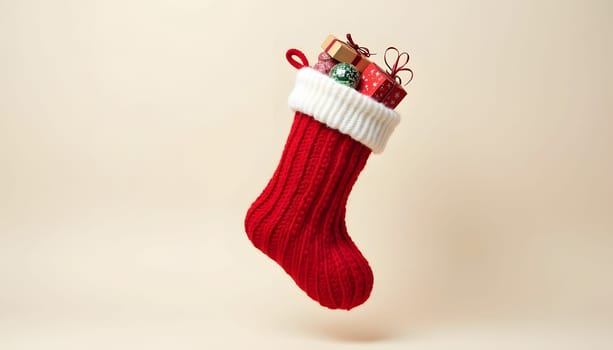 A cozy knitted Christmas stocking filled with gifts, isolated on a light-colored background, emphasizing its textures and patterns. Perfect for festive visuals and holiday warmth