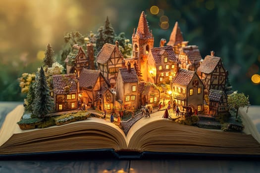 A book is open to a page with a miniature town. The houses are small and made of wood, and they are lit up with lights. The scene is peaceful and serene