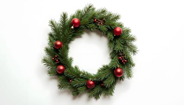 An elegant Christmas wreath made of pine branches and ornaments, fully isolated on a neutral background. Perfect for holiday decor themes and seasonal elegance