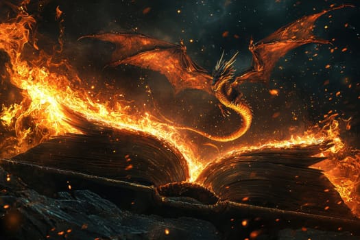 A dragon is flying over an open book with flames coming out of it. Concept of danger and excitement, as the dragon is a symbol of power and destruction, while the open book represents knowledge