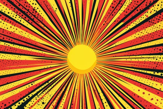 A yellow sun with red and black stripes. The sun is surrounded by a lot of dots. The sun is the center of the image