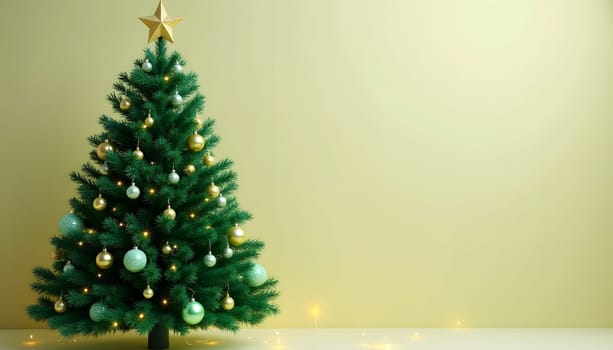 A bright green Christmas tree with shimmering decorations, set against a solid color background for a clean and festive look. Ideal for holiday themes and seasonal designs