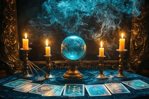 A table with a crystal ball and candles. The candles are lit and the table is covered with tarot cards
