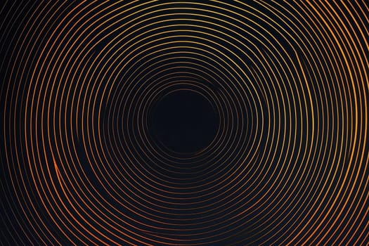 A black and orange circle with a hole in the middle. The circle is surrounded by a series of lines