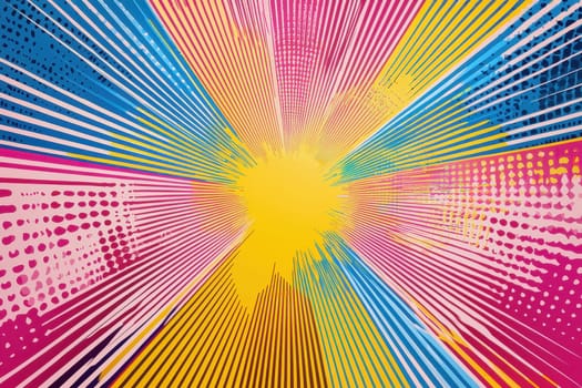 A colorful, abstract painting with a yellow center and pink, blue, and green lines radiating outwards