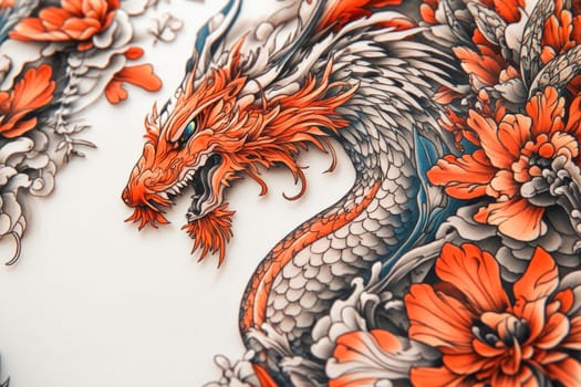 Traditional japanese dragon tattoo emerging from red and orange peonies, fantasy drawing
