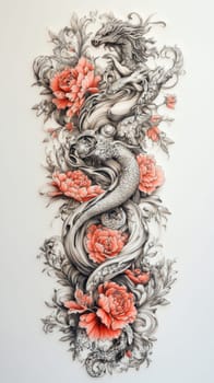 Intricate design featuring an asian dragon, a snake, and vibrant peonies, ideal for tattoo enthusiasts