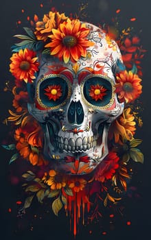 A sugar skull with flowers, bones and sunglasses on a dark background, creating a unique and artistic headgear design