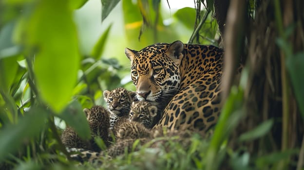 Protective jaguar mother with three cubs in lush jungle vegetation, showing intimate family moment of endangered big cats.