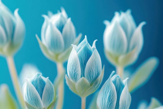 Close-up of elegant blue flower buds, showcasing delicate veins and subtle color gradients against a vibrant turquoise backdrop