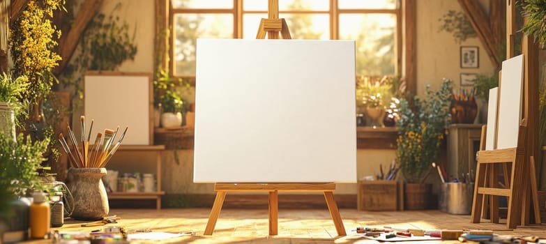 Wooden easel holding a blank canvas in an art studio filled with painting supplies and plants, illuminated by warm sunlight