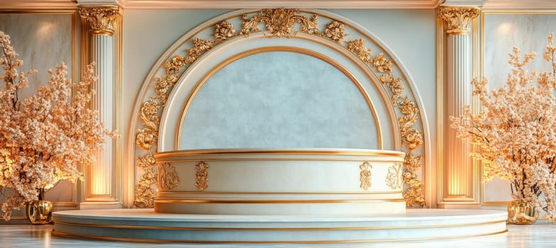 White podium with gold details standing in bright classic interior with columns and artificial blooming trees in golden vases