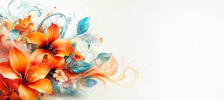 Vibrant orange flowers bloom amidst swirling patterns and contrasting blue leaves, forming a captivating floral background