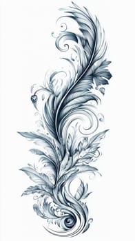 Classic blue baroque ornament featuring feathers and swirls creates an elegant vertical design