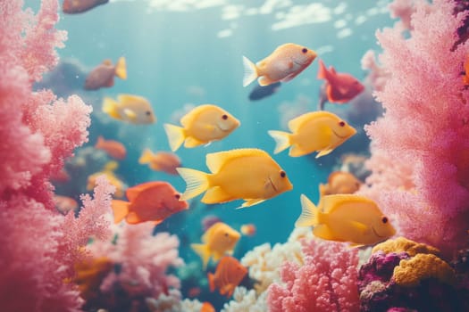 Vibrant coral reef teeming with colorful fish creates a breathtaking underwater scene