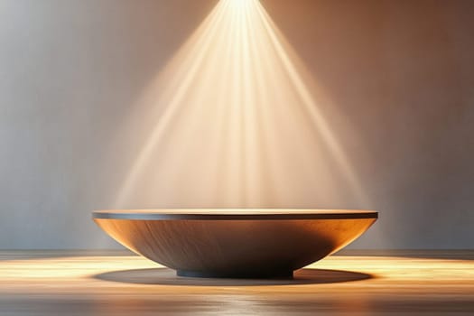 Empty wooden bowl illuminated by warm light beams in a minimalist scene, creating a serene and contemplative atmosphere