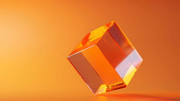 3D glass cube, orange gradient light, floating geometric shape, abstract art