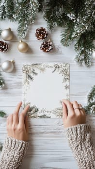 Woman holding blank christmas card mockup with decorations on white wooden table, perfect for showcasing your design