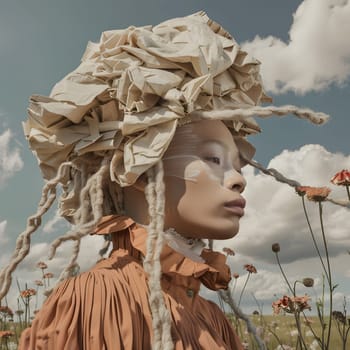 A woman with a paper hat stands in a field of flowers, resembling a sculpture in nature. Her headgear adds an artistic touch to the scene, under a sky filled with clouds