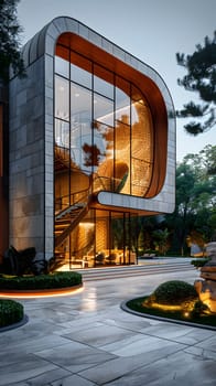 Elegant luxury house with curved glass facade, surrounded by lush greenery