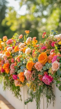 Colorful floral arrangement decorating a white fence in a garden creates a cheerful and vibrant scene