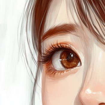Close-up of half of the face of a young Korean girl. The rays of the morning sun fall on the face of a young girl. High quality photo
