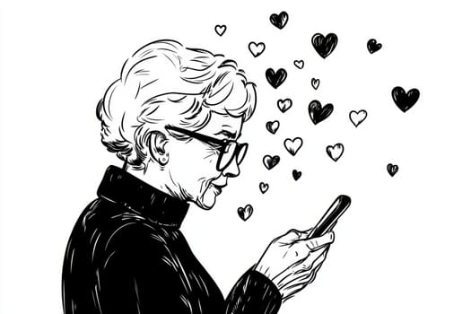 An elderly woman with a phone in her hands on a white background. High quality photo