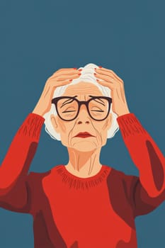 Gray-haired old woman, holding her head, suffering from headache. Sad pensioner in a burgundy sweater on a blue background. High quality photo