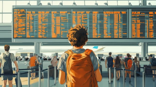 Tourist looking at timetable display in airport terminal while waiting to board a plane for summer vacation