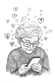 An elderly woman with a phone in her hands on a white background. High quality photo