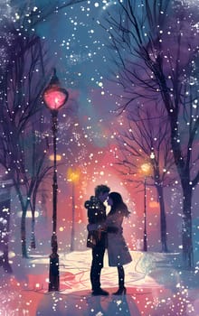 Couple hugs on a snowy street under lamplight in a magical winter scene.