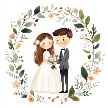 An image of a bride and groom in wedding attire, looking at each other. They are surrounded by flowers. High quality photo