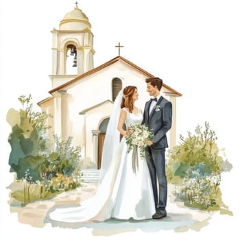 Image of bride and groom near church. High quality photo