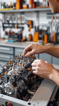 Mechanic working on a car engine in a professional workshop, assembling components with precision and expertise