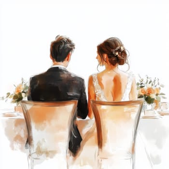 Image of the bride and groom in wedding dresses. They are sitting on chairs at the wedding table. Rear view. High quality photo