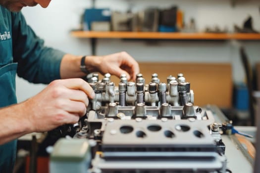 Close-up of mechanic's hands repairing engine valves in a professional workshop