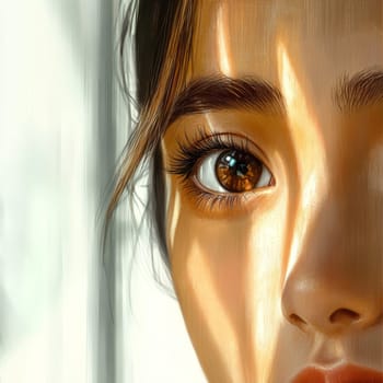 Close-up of half of the face of a young Korean girl. The rays of the morning sun fall on the face of a young girl. High quality photo