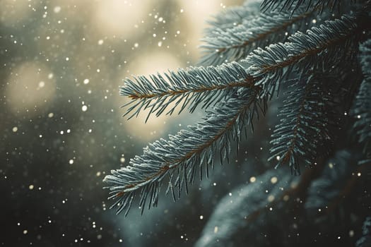 A branch of a coniferous tree covered with snow in a winter forest. High quality photo