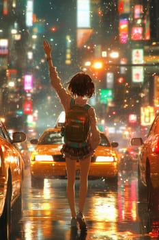 Young student hailing a taxi in a rainy city at night, with blurred lights and reflections on wet asphalt
