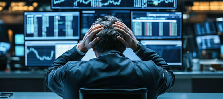 Stock trader holding his head in his hands while watching a market crash on multiple computer screens