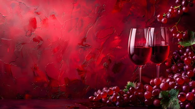 Plantbased liquid in drinkware, accompanied by grapes on a red tableware. This natural food display features pink and magenta hues