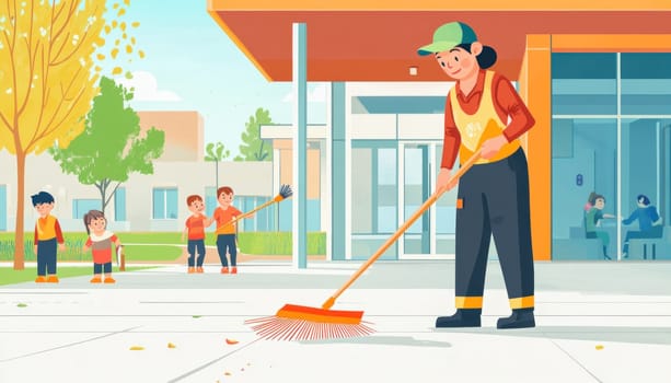 Janitor sweeping fallen leaves on the sidewalk in front of a school building while children are playing in the background