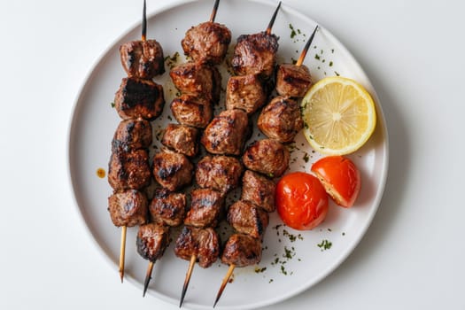 Shashlik on a plate. Top view. High quality photo