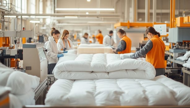 Textile factory workers operating machinery and producing pillows in a modern, automated production line