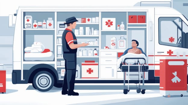 Paramedic providing medical assistance to a patient on a stretcher near a fully stocked ambulance