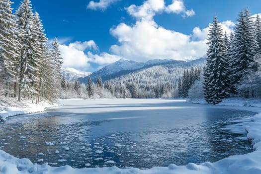 Mountain lake in early spring, thaw, drifting ice. High quality photo